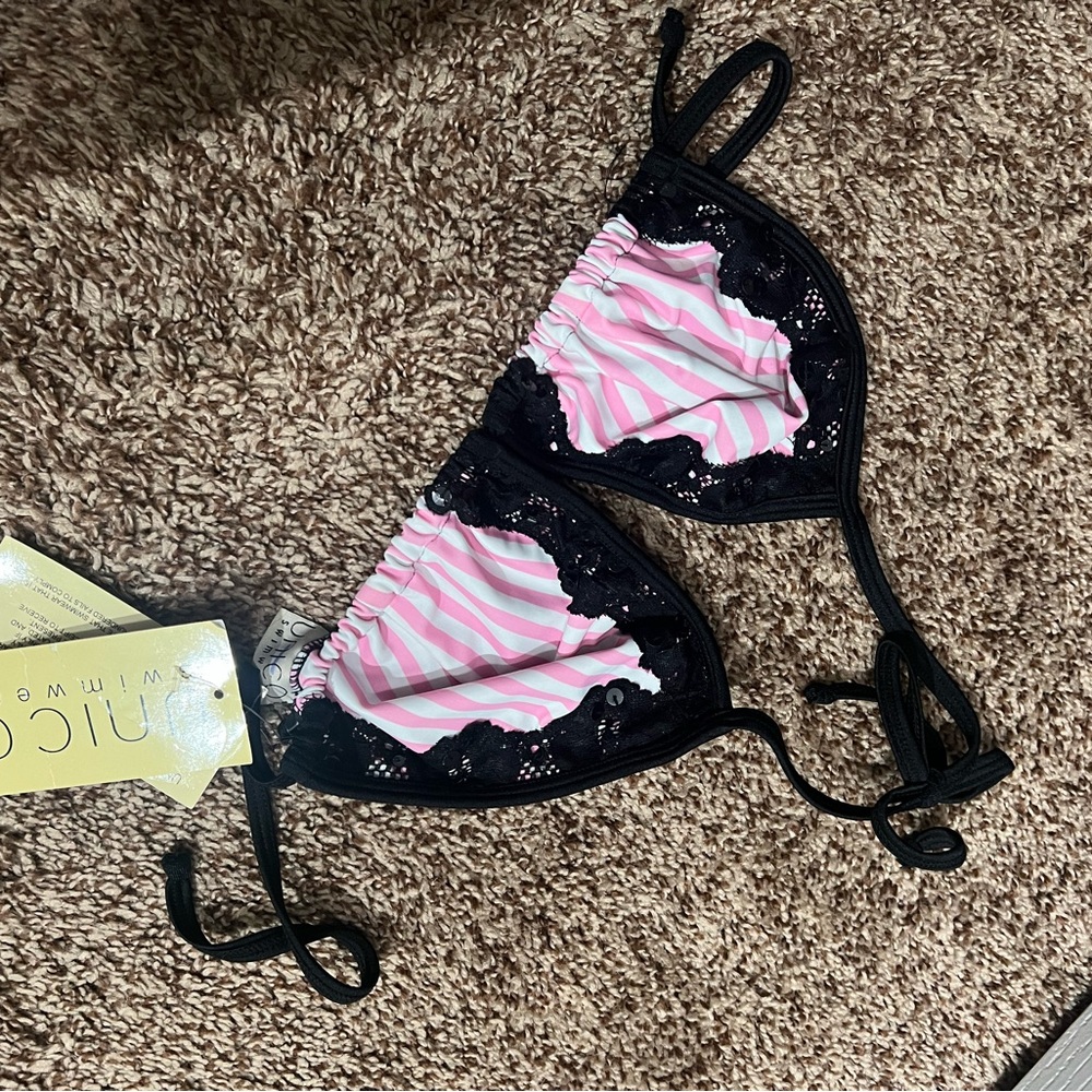 Black and Pink Bikini Top with Lace and Sequins